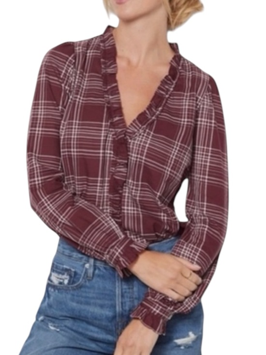 Evereve Tops - EVEREVE Lillian Plaid Ruffle Button Down Shirt Maroon Size Small—NWOT
